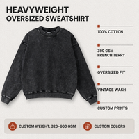 Sweat-shirt vintage personnalisé 380 GSM en coton lavé, coupe oversize, col rond, en tissu éponge, sans doublure, style streetwear