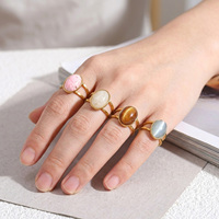 Bague double bande ovale vintage en acier inoxydable plaqué or 18 carats avec cabochon en résine colorée pour femme, bijoux de mode quotidiens en gros