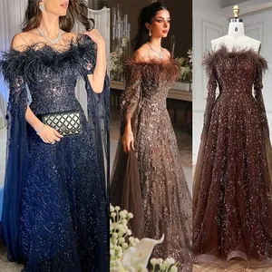 Abito da sera a trapezio marrone 2024 con piume maniche a mantello con perline per occasione formale LA72401 - Product Image 2