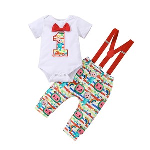 Ensembles de tenues d'anniversaire pour bébés garçons : Body avec la lettre « 1 » et <span class=keywords><strong>short</strong></span> à bretelles en Y – Vêtements pour bébé de 1 an - Product Image 1