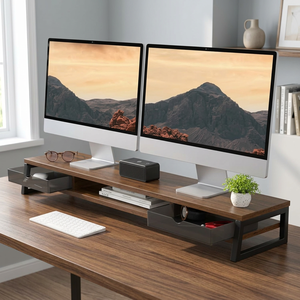 <b>Adjustable</b> Foldable Extendable Wooden <b>Monitor</b> <b>Stand</b> Drawer for 2 <b>Monitors</b> 2-Tier Riser Desk Shelf Wall Mount Pillow Form Factor - Product Image 4