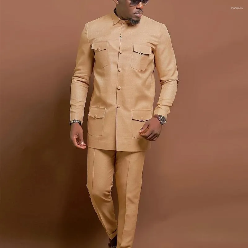 Costume Africain Homme 2 Pièces - Pantalon Brodé, Haut Col Rond - Style National élégant Pour Occasions Sociales