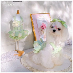 Vestido de Lujo para Perro Pequeño, Falda de Lana Estilo Princesa, Diseño de Rosas, Anillo de Perlas, Color Verde Matcha, Otoño Invierno - Product Image 3
