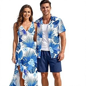 Conjunto de Lujo para Parejas, Camisa y Vestido con Estampado Floral Azul, para Vacaciones en la Playa - Product Image 1