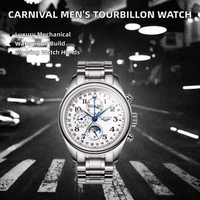 Montre mécanique de luxe Carnival pour homme, automatique, tourbillon apparent, cadran à aiguilles, bracelet en cuir 20 mm, verre saphir, étanche