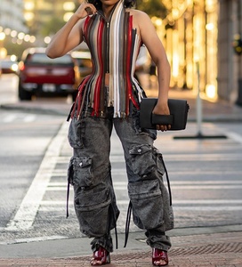 ViViblook Z0121TP01 Summer New Street Colorful <b>Stripe</b> Halter Tie Multiple Zip Bandage Backless Irregular <b>Tank</b> <b>Top</b> for Women - Product Image 2