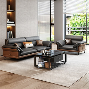 Canapé deux places <span class=keywords><strong>en</strong></span> <span class=keywords><strong>cuir</strong></span> de style Mid-Century, design color block noir et marron, pieds <span class=keywords><strong>en</strong></span> bois robustes, sectionnel, <span class=keywords><strong>pour</strong></span> villa et mobilier de maison - Product Image 3