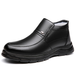 Bottes d'hiver pour hommes en cuir de vachette noir, doublées de polaire, bout rond, semelle épaisse, chaussures pour adultes - Product Image 5