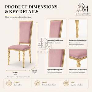 Chaise de mariage rectangulaire avec dossier rembourré en acier inoxydable doré et revêtement rose pour les mariages et les événements de banquet - Product Image 5