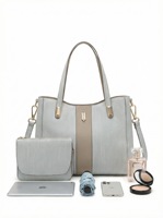 Set Tas Tote 2-in-1 Wanita Custom Logo Grosir - Tas Tangan Kulit PU Gelap dengan Tali Kontras Beige & Kantong Resleting Senada