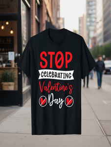 T-shirt Anti San Valentino da uomo, design sarcastico 'Stop Celebrating', vestibilità regular, manica corta, 100% cotone jersey, stampa frontale, girocollo - Product Image 2
