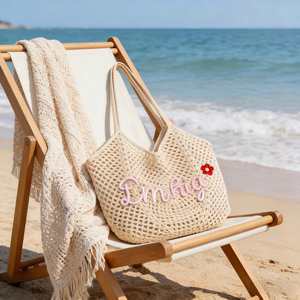 Personalized Crochet Beach Tote, Boho Cotton <b>Net</b> Market Pouch, Custom Trip <b>Bag</b>, Summer Shoulder <b>Bag</b> for Women, Bridesmaid Gift - Product Image 4
