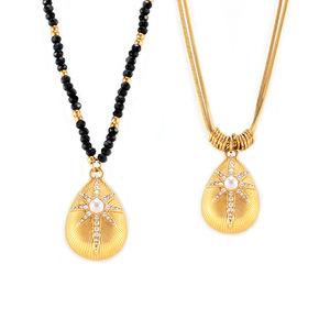 Kalung Liontin Tetesan Air Zirkon Berlapis Emas 18k Anti Kusam dari Baja Tahan Karat dengan Manik-Manik Batu Hitam untuk Perhiasan Wanita - Product Image 5