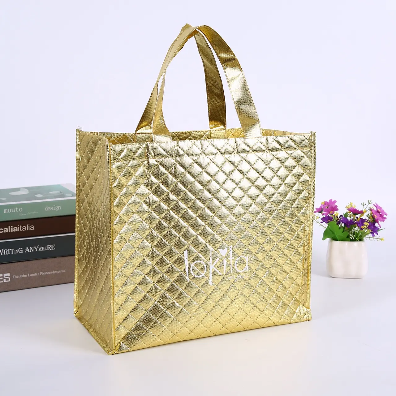 Recycle Reusable Grocery Polypropylene PP Laminated Gold Fabric Tote Shopping Non Woven Bags