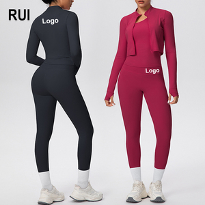 ชุดกีฬาผู้หญิง 3 ชิ้น RUIQUWIN ขายส่ง เสื้อคลุมซิป กางเกงโยคะ เสื้อชั้นในออกกำลังกายแบบไหล่เดียว ระบายอากาศได้ดี ชุดออกกำลังกายสีพื้น - Product Image 1