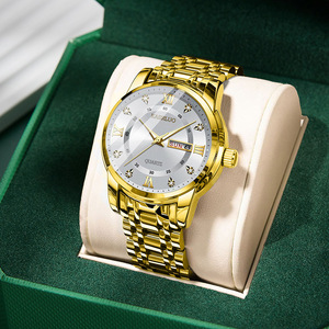 Business Mens Wristwatch Roman Numeral Dial Double Calendar Gold Metal Strap - Product Image 3