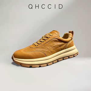 Baskets rétro en cuir ajouré respirant pour hommes, à talon moyen, pour usage quotidien, couleurs unies jaune, marron, blanc, noir, avec lacets avant - Product Image 2