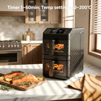 Friteuse à air moderne 2x5L à double panier avec écran tactile, contrôle numérique, recettes intégrées, connexion Wi-Fi via application et fenêtre de visualisation