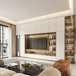 Meuble TV mural en bois de style ancien avec panneau en contreplaqué, rangement pour téléviseurs et ordinateurs, convient aux téléviseurs de 65 pouces et plus, meubles de salon - Product Image 1