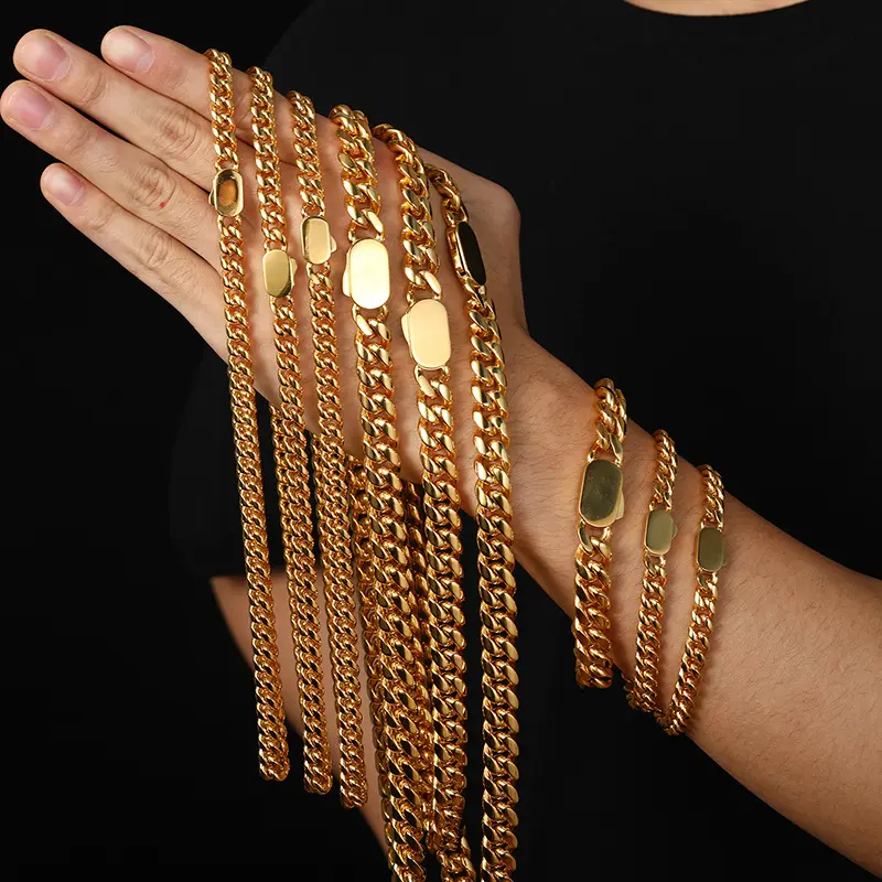 vente en gros bijoux en acier inoxydable chaine cubaine collier bracelet PVD 18k 8mm10mm12mm14mm Stainless Steel Cuban Chain
