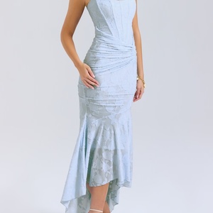 Haute qualité nouveau Vintage Jacquard Wrap dos élastique fermeture éclair ourlet irrégulier plissé décontracté femmes longues robes - Product Image 2