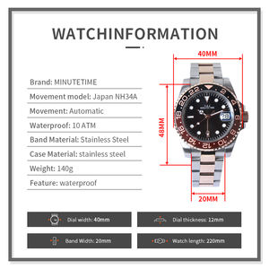 Montre MINUTETIME NH34, montre mécanique automatique, cadran NH34, étanche 10 bars/100 mètres, montre-bracelet en acier rose doré de luxe pour hommes - Product Image 6