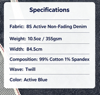 Tissu denim brut extensible 10,5 oz 8S, non-décolorant, respirant, 99 % coton, 1 % élasthanne, sergé à lisière rouge pour vestes et pantalons en jean