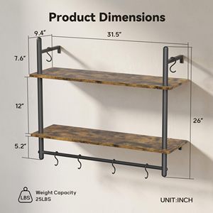Étagère murale industrielle SENYU à double niveau avec structure en fer et support suspendu pour le rangement des boissons dans la cuisine, design rectangulaire - Product Image 3