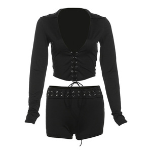 Nouvelle collection automne 2024, ensemble short 2 pièces sexy et tendance, noir, décolleté, skinny, en soie de lait, écologique, pour femmes - Product Image 6