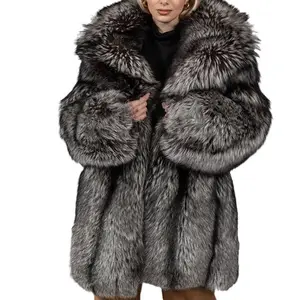 Custom Popular new style vertical stripes women Faux silver fox fur coat 2023 autumn winter with warm hooded