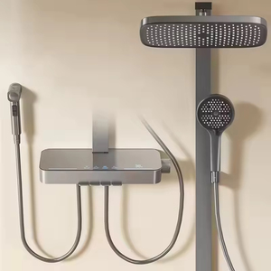 Système de <span class=keywords><strong>douche</strong></span> thermostatique YF gris bronze avec affichage numérique, lumière ambiante <span class=keywords><strong>LED</strong></span> et 4 fonctions, avec grande plateforme de rangement - Product Image 3