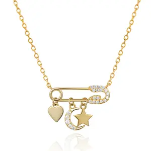 925 Sterling Silver Women Jewelry Paper Clip Gold Plated Safety Pin Necklaces With Star Moon Heart Charms