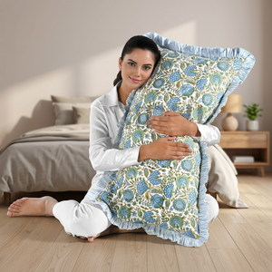 20x36 Floral Blue Green Ruffle Western Style Lumbar <b>Pillow</b> Cover Set Hand Block Print Cotton Removable Washable Zipper Closure - Product Image 3