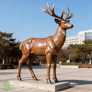SENZHAO Life Size Fiberglass Deer Sculpture Wood Grain Finish Resin Elk <b>Statue</b> for Outdoor Park Plaza Commercial Landscape Decor - Product Image 1