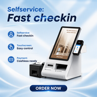 Kiosco de autoservicio para hoteles con dispensador de tarjetas de habitación, lector de códigos de barras y lector de pasaportes, con SDK para pagos en escritorio.