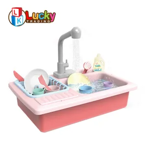 Crianças cozinha play set DIY lava-louças brinquedos fingir jogar pia com água corrente automática