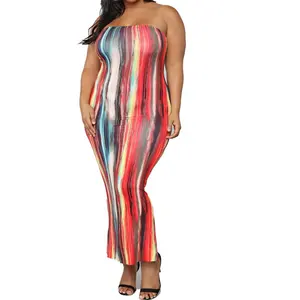 Sexy Strapless Bodycon Tie Dye Sọc Cộng Với Kích Thước Ống Top Maxi Dresses Đối Với Xxxl