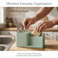 Organisateur d'évier de cuisine avec porte-brosse, vert sauge, séchage rapide, support pour couverts et éponges, trous de drainage