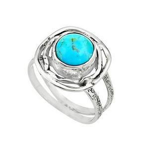 Good Design Round Shape Natural Raw <b>Turquoise</b> Gemstone Handcrafted Women's Sterling Silver Rhodium Plated Wedding Eternity <b>Ring</b> - Product Image 1