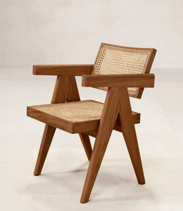 Chaise de salle à manger moderne en cuir et bois massif de style nordique, avec accoudoirs et dossier en fausse rotin tressée, pour la maison, le salon, l'hôtel, le balcon - Product Image 3