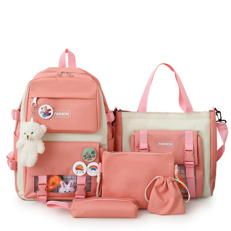 5 Pcs/Set Women Laptop Backpack Canvas School Bags For Teenage Girls Kawaii College Student Kids Book Bag Rucksack
