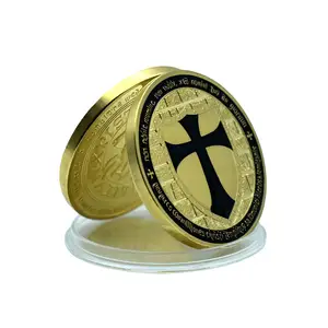 Custom Metal 3d Enamel Gold Plated Souvenir Knight Templar Cross Christian Challenge Coin For Collection
