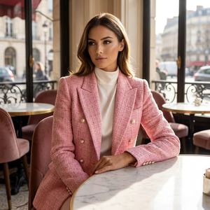 Giacca <span class=keywords><strong>in</strong></span> <span class=keywords><strong>Tweed</strong></span> Rosa Premium da <span class=keywords><strong>Donna</strong></span>, <span class=keywords><strong>Blazer</strong></span> Doppiopetto di Alta Qualità con Dettagli <span class=keywords><strong>in</strong></span> Perle, Cappotto <span class=keywords><strong>in</strong></span> <span class=keywords><strong>Tweed</strong></span> di Produzione Boutique - Product Image 1