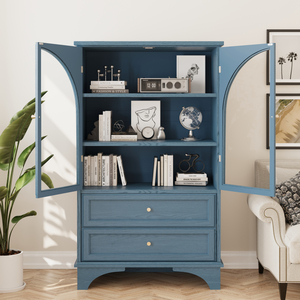 Vetrina con Porta in Vetro, Armadio Espositivo 52.17"H con 2 Cassetti e Ripiano Regolabile, Mobile Contenitore per Soggiorno - Product Image 3