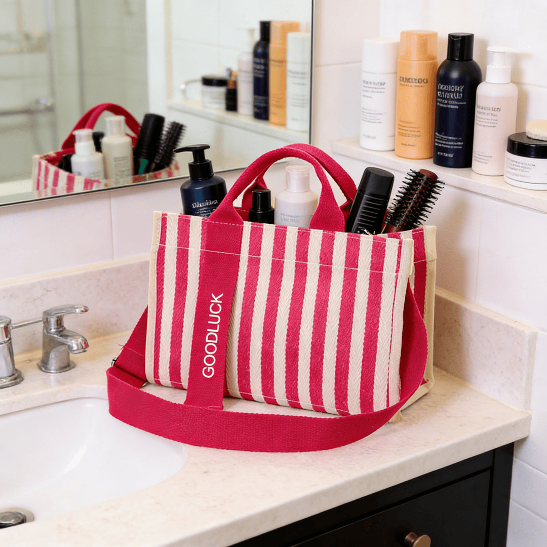 bolso tote de lona a rayas rosa