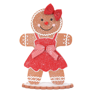 Red Bow Gingerbread Girl 16 Inch Standing Table Decoration for Home Mantel Restaurant Christmas Party Display Wholesale - Product Image 1