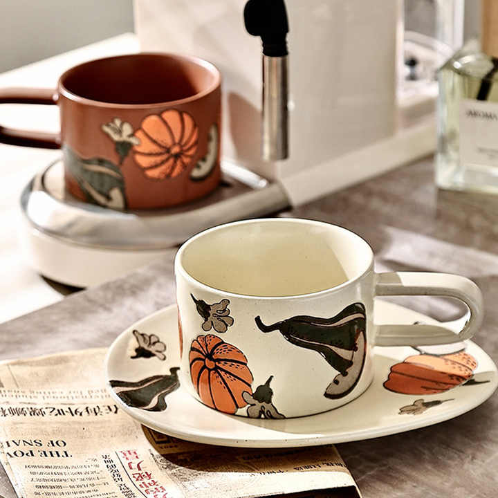 Artisan Porcelain Hand-Painted Breakfast Mug Set Long Handle Ceramic Snack Dish for Coffee and Cuppa Network Red Color
