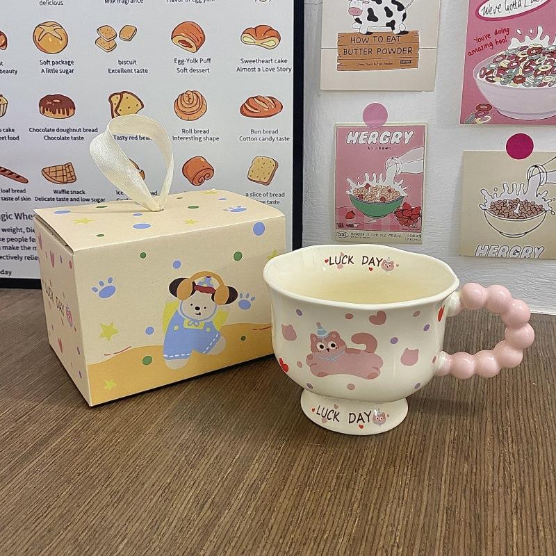 [แก้วมัคทรงกล่องหลากสีแบบถือได้] แก้วก้านมีหูจับมุก - ลายแมวสีชมพู