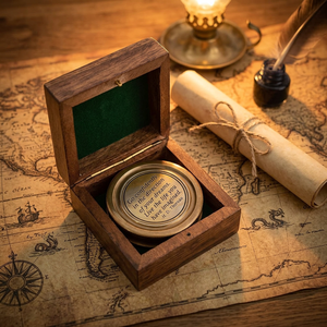 Engraved Brass <b>Compass</b> With Thoreau Quote In Wooden Box Vintage Nautical Style Round Design Business Gift - Product Image 1