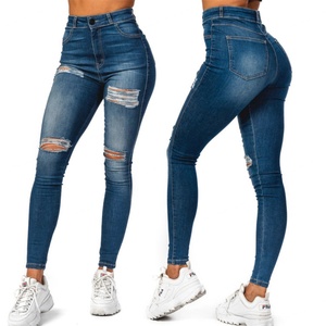 Wholesale OEM Stylish Cute Hip Hop <b>Denim</b> Stretchy High Waist Distressed <b>Blue</b> Washed Rips Skinny Women's <b>Jeans</b> - Product Image 4